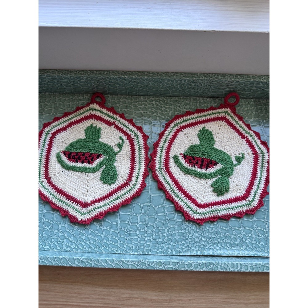 VTG Handmade Needlepoint Pot Holders Watermelons Kitchen Decor